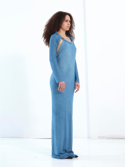 The Neck Ceramic Ring Dress, Long Sleeve in indigo